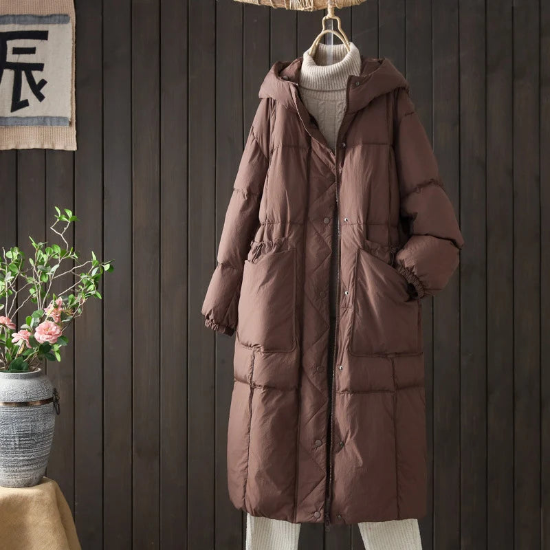 Schinteon Women White Duck Down Long Jacket Casual Loose Autumn Winter Outwear with Hood Warm Coat Big Pockets 2024 Korean Style