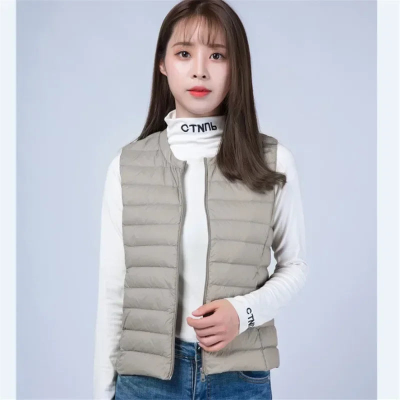 Autumn Winter Women Ultra Light Thin Duck Down Vest Sleeveless O-Neck Zipper Waistcoat Windproof Puffer Female Quilted Jackets