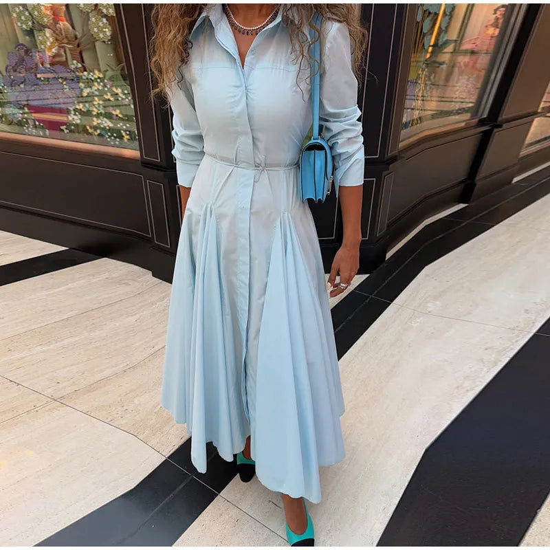 Elegant Single Breasted Khaki Long Dress Women Lapel Short Sleeve Pleat Slim Waist A-line Dresses 2025 Summer Autumn Lady Robes