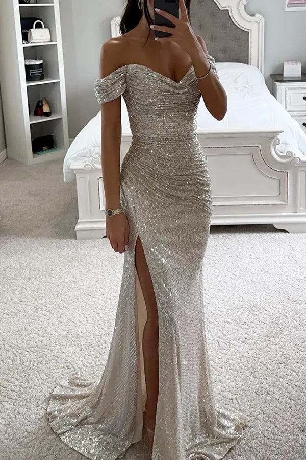 Women's Sexy Party Maxi Dress New Sequined One-line Collar Slit Dress Casual Fashion Prom Eveging Dresses For Women Robe Femme