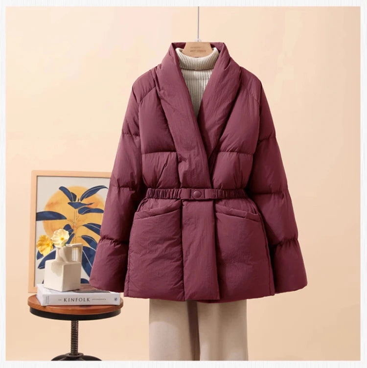 Schinteon Women White Duck Down Jacket Casual Loose Belt V-neck Collar Fashion Autumn Winter Outwear Korean Style Coat 2025 New