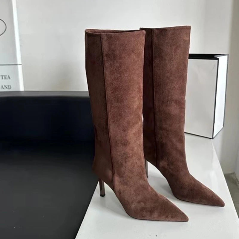 SUOJIALUN Brand Women Long Boots Fashion Pointed Toe Slip On Ladies Elegant Knee-high Boots Thin High heel Outdoor Dress Pumps