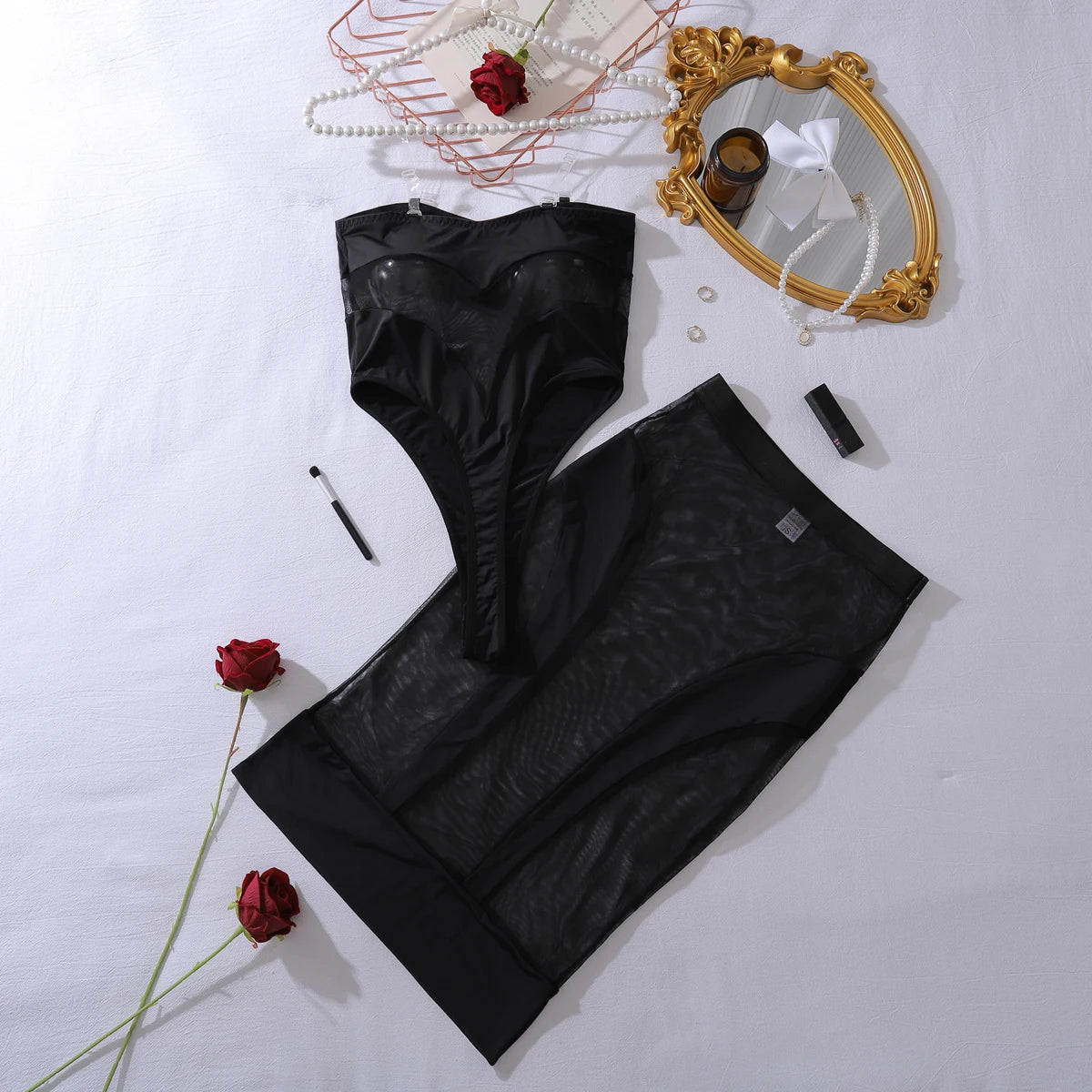 European and American 2025 new perspective slim fit patchwork mesh sexy half skirt jumpsuit two-piece set