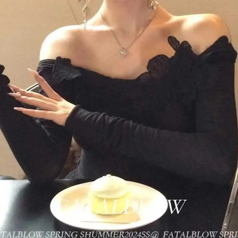 Women Clothes Spring Autumn Fashion Simplicity Solid Color Slash Neck Ladies Trend Pure Desire Wind Long Sleeve Appear Thin Tops