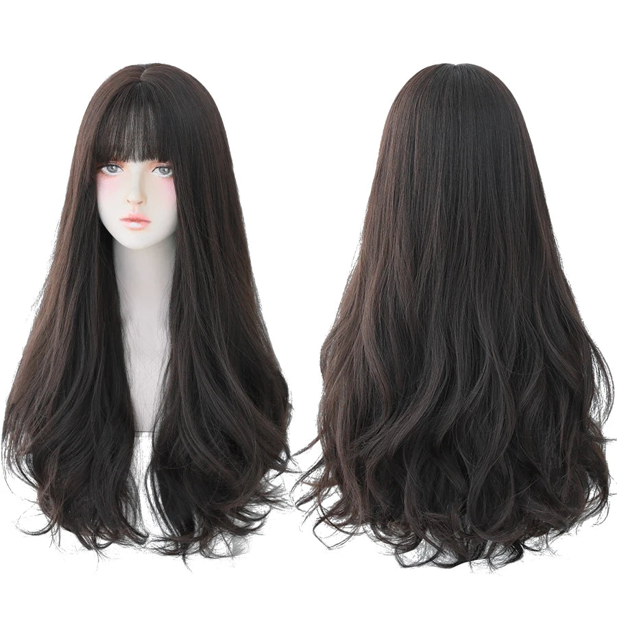 7JHH WIGS Popular Brown Ash Long Deep Wave Hair Lolita Wigs With Bangs Synthetic Wig For Women Fashion Thick Curls Wigs Girl