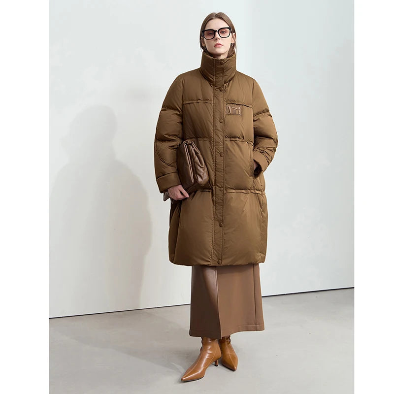 Amii 2024 Winter New Women's Velcro Loose Coat Top Warm Stand-up Collar Letter Embroidered Seal Zipper Down Jacket 12444103