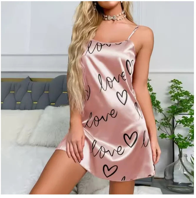Women Nightwear Home Clothes Sexy Black Floral Printing Nightdress Sleepwear Nightshirts Silk Sleepshirts Nightgowns For Woman