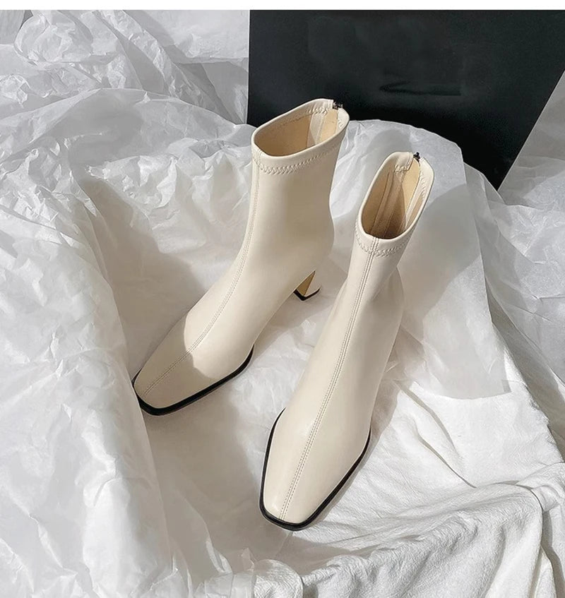 Vintage Warm Cotton Women Ankle Boots Fashion Elegant Square Toe Shoes Autumn Winter Thick Heel Women's Short Booties