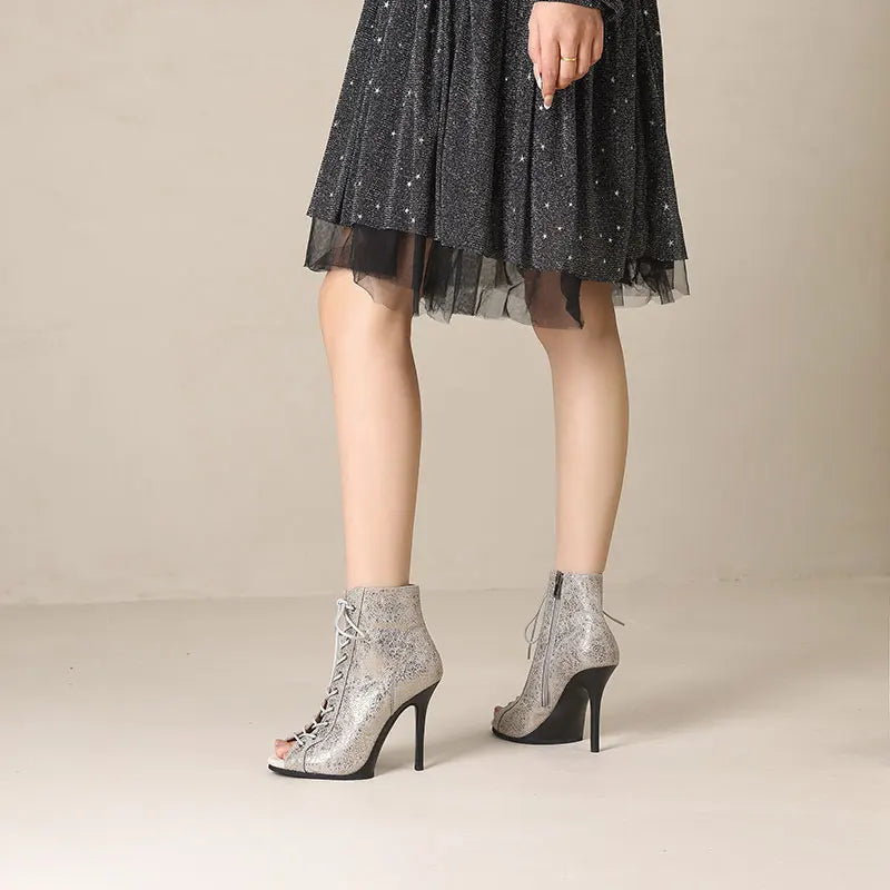 2025 Peep Toe Boots Lace up Female Shoes platform For Latin Dancing Street Sexy Stilettos Booties Plus Size 35-42