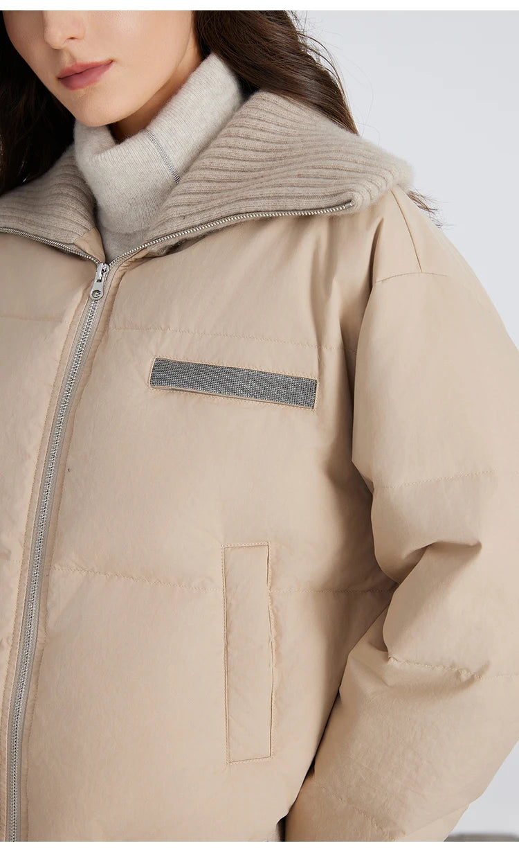 BC835 White goose down with large lapel warm zipper long-sleeved down jacket 100 cashmere warm coat