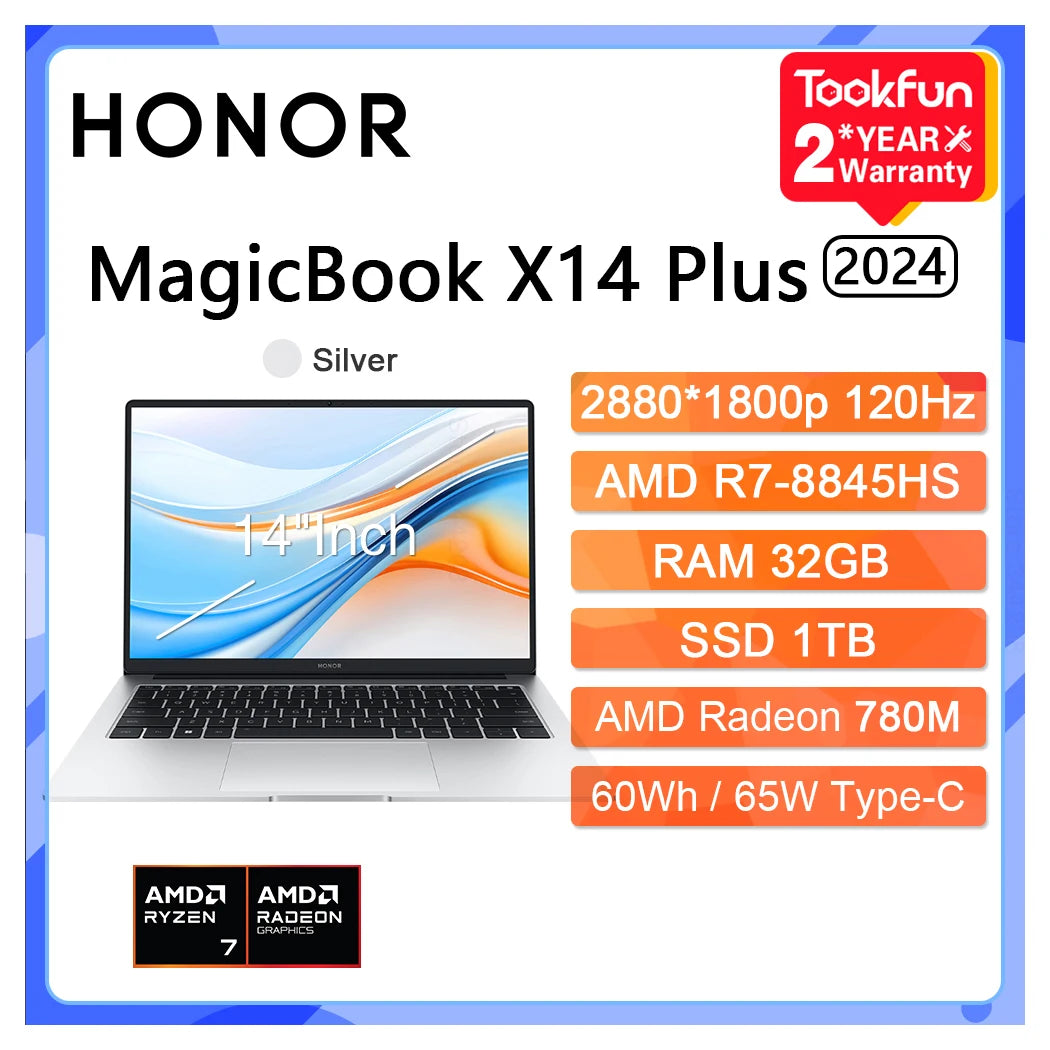 HONOR Laptop MagicBook X14 Plus 2024 14" Inch 2.8K 120Hz AMD Ryzen R7 8845HS 16/32GB 1TB Computer PC Notebook Ultrabook FMI-721