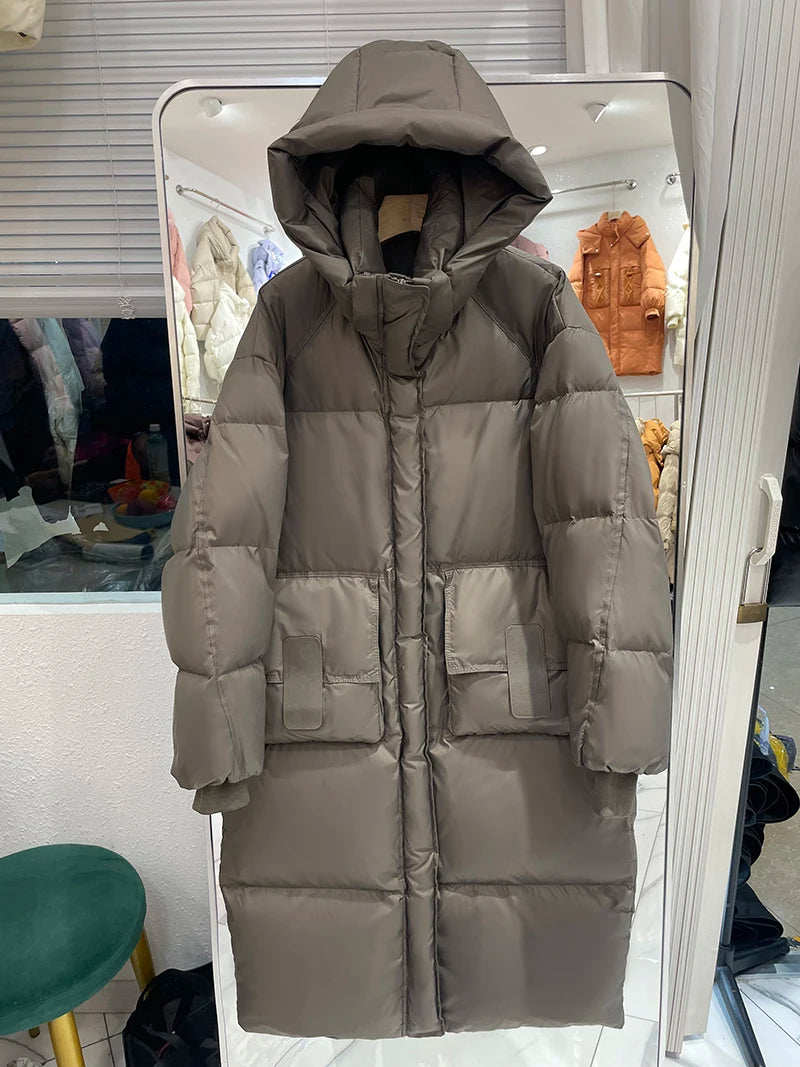 Lagabogy 2025 New Winter Women Puffer Jacket Female White Duck Down Coat Large Version of Warm Hooded Loose Thickened Long Parka