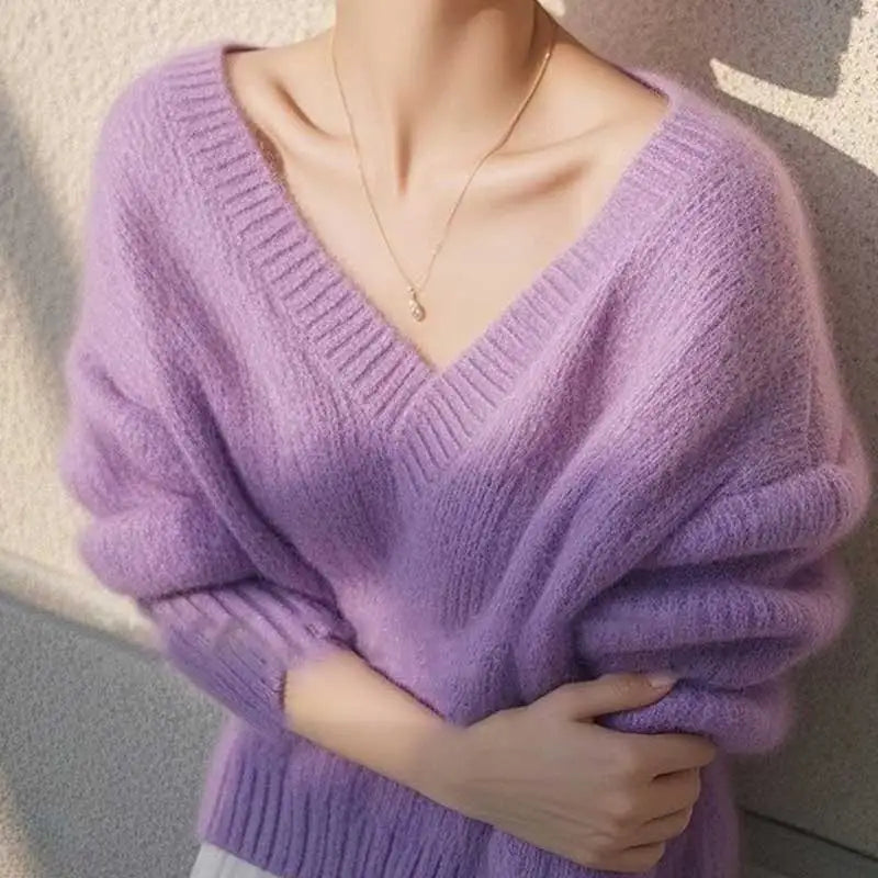 Women Clothes Spring Autumn Fashion Simplicity Elegant Solid Color V-neck Ladies Appear Thin Lazy Wind Long Sleeve Slsweater Top