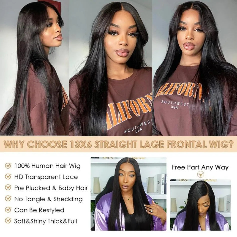 Straight Human Hair Wig Glueless 13X6 Hd Lace Frontal Wigs 40 Inch Lace Front Wigs Brazilian 250 Density Natural Color For Women