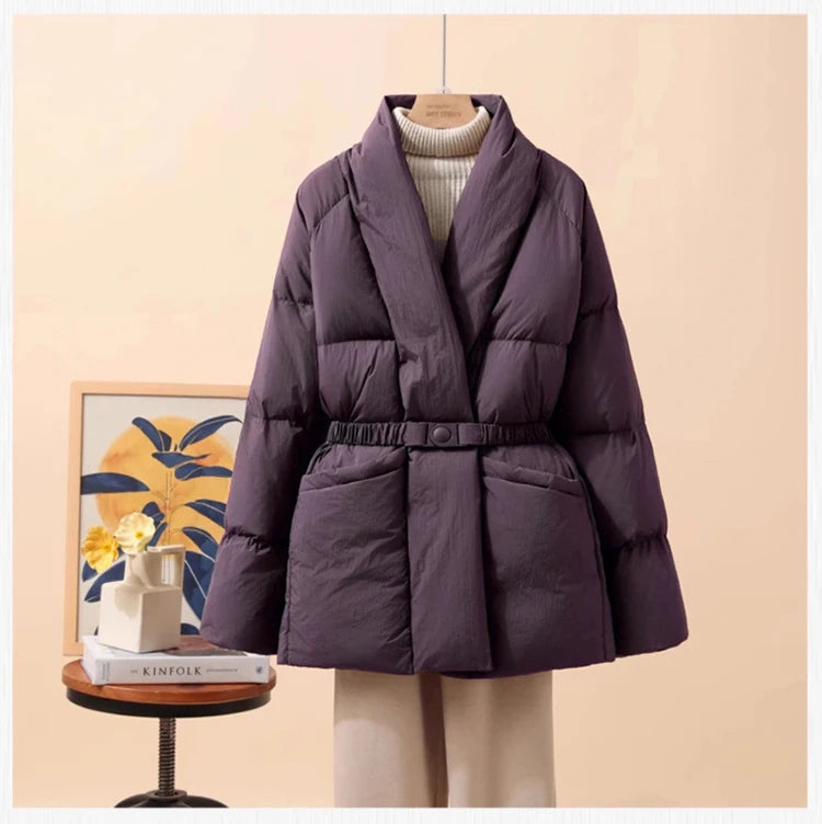 Schinteon Women White Duck Down Jacket Casual Loose Belt V-neck Collar Fashion Autumn Winter Outwear Korean Style Coat 2025 New