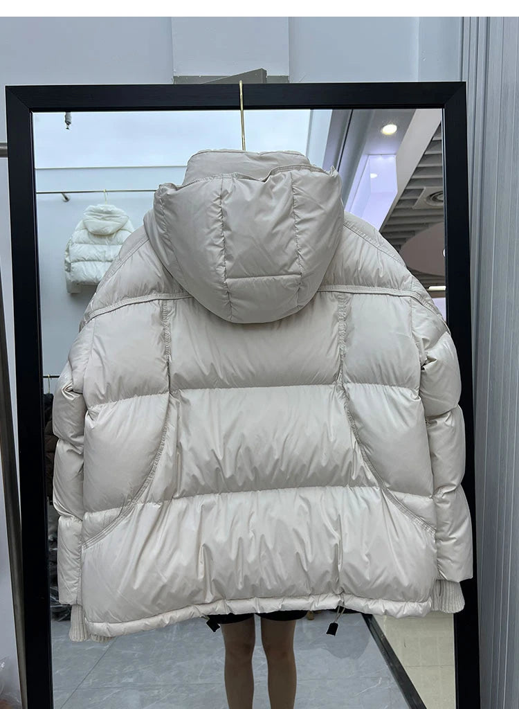 Schinteon Women White Duck Down Jacket with Hood Autumn Winter Warm Outwear Korean Style Over Size Loose Solid Color Coat 2025