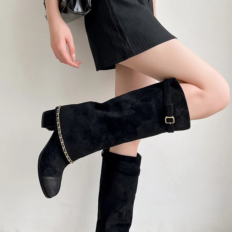 Arden Furtado 2024 Cowhide Mixed Colors Knee high boots Round toe Suede Pull-on Turned-over Edge Chunky heels Modern boots