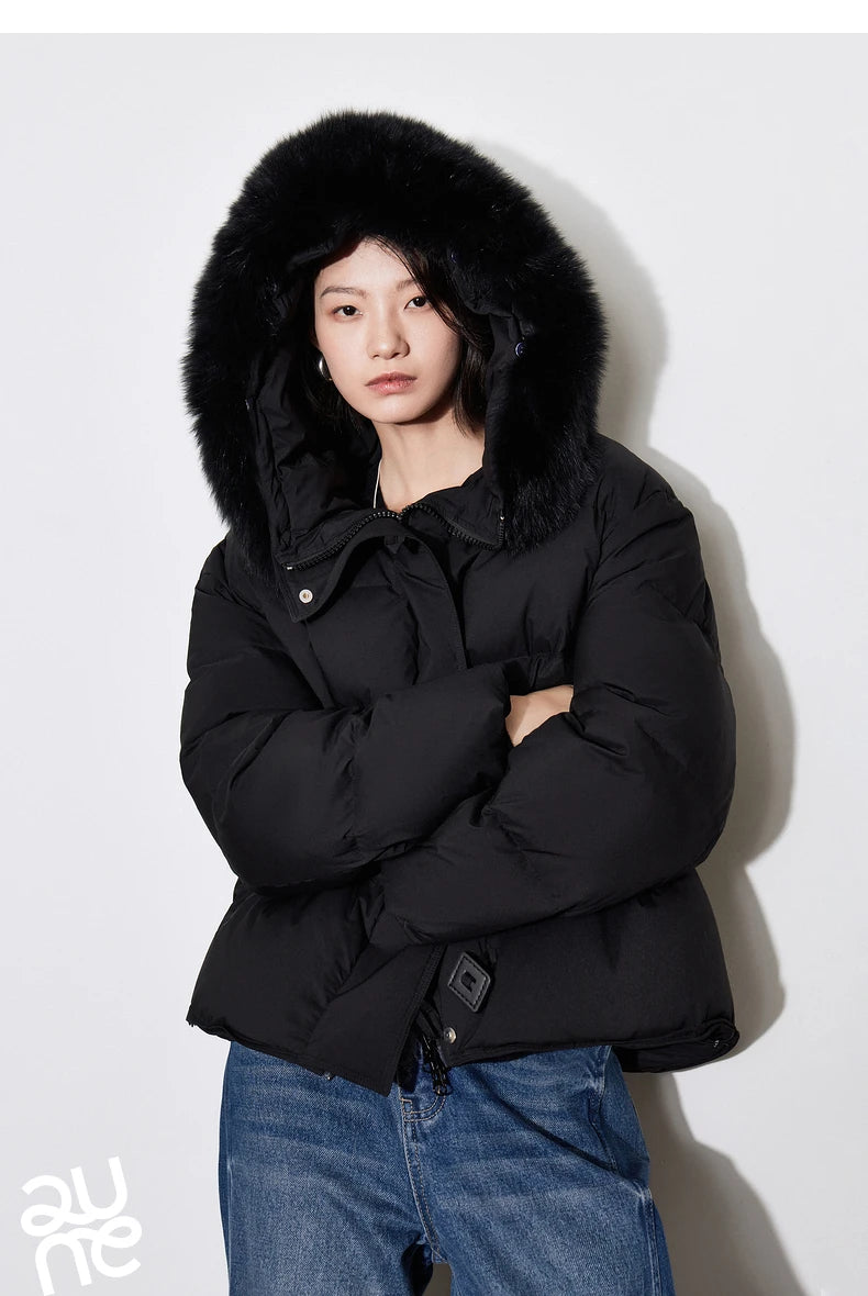 TOYOUTH Women Down Jacket 2024 Winter New 90% White Duck Down Fur Collar Hooded Warm Jacket Coat