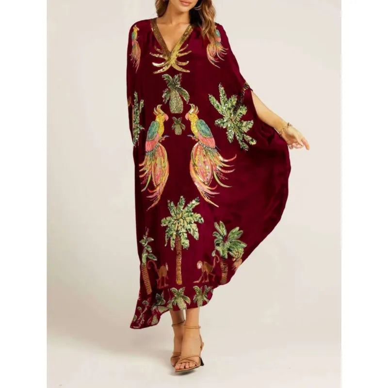 Women Bohemian Maxi Dresses 2025 Summer Loose V-neck Fashion Sexy Hipster Elegant Retro Printed Female Casual Long Robe Vestidos