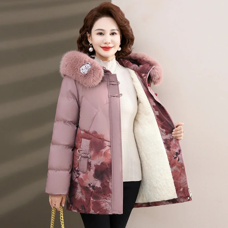 Women's Clothes Middle Aged Women Winter Jacket Long Warm Parkas Female printing Coat Thicken Cotton Padded Hooded Jacket