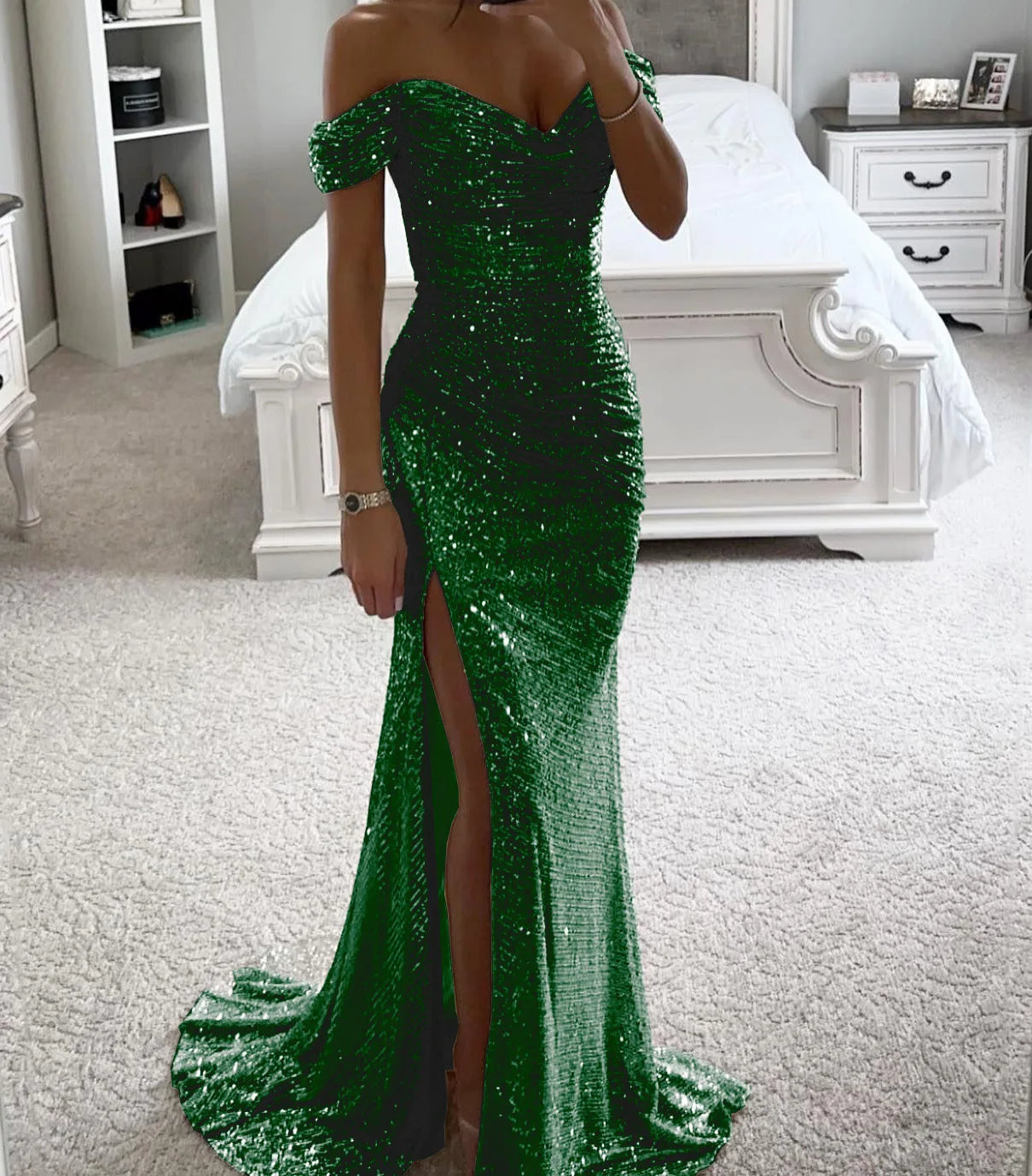 Women's Sexy Party Maxi Dress New Sequined One-line Collar Slit Dress Casual Fashion Prom Eveging Dresses For Women Robe Femme
