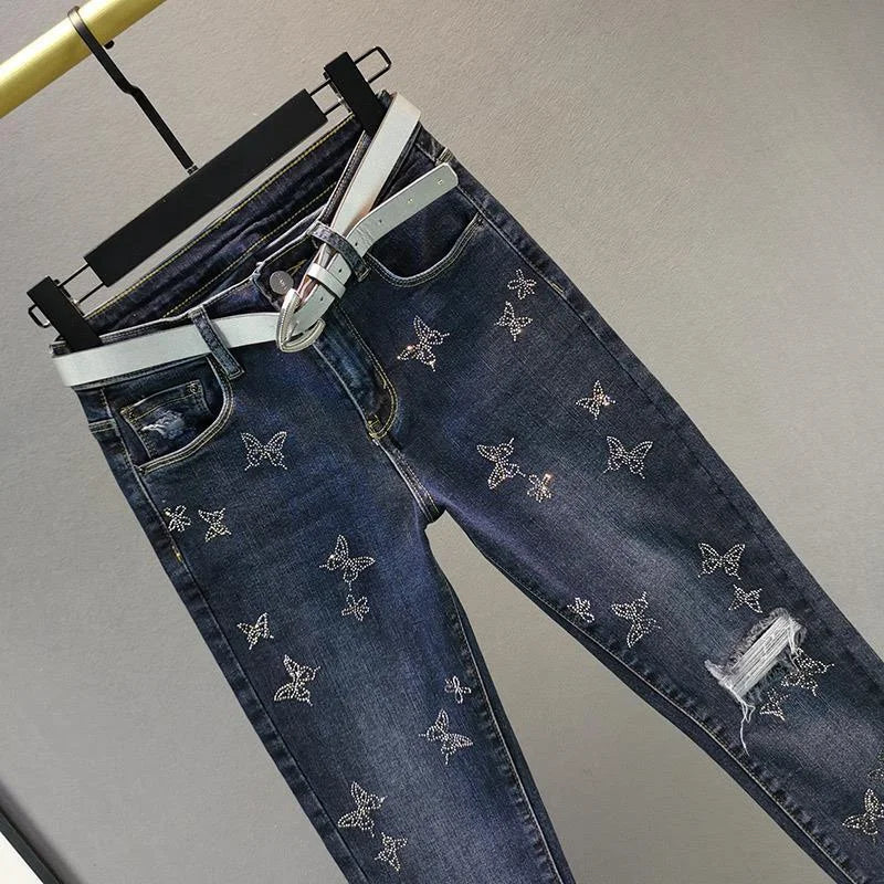 Spring Autumn 2025 New Fashion Harem Denim Pants Women's Korean Elastic Rhinestones High Waist Jeans Pencil Pants Female Trouser