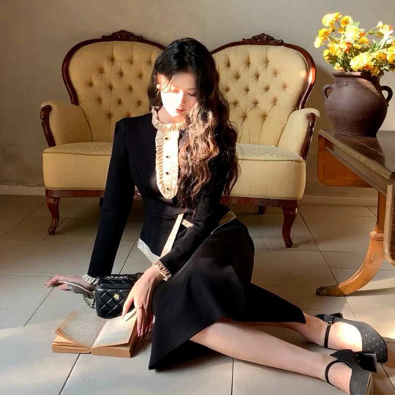 Women Clothes Black Vintage Outfits Elegant Ruffle O-Neck Tops Shirt Blouse And High Waist Midi Skirt Mujer 2 Pieces Set Formal