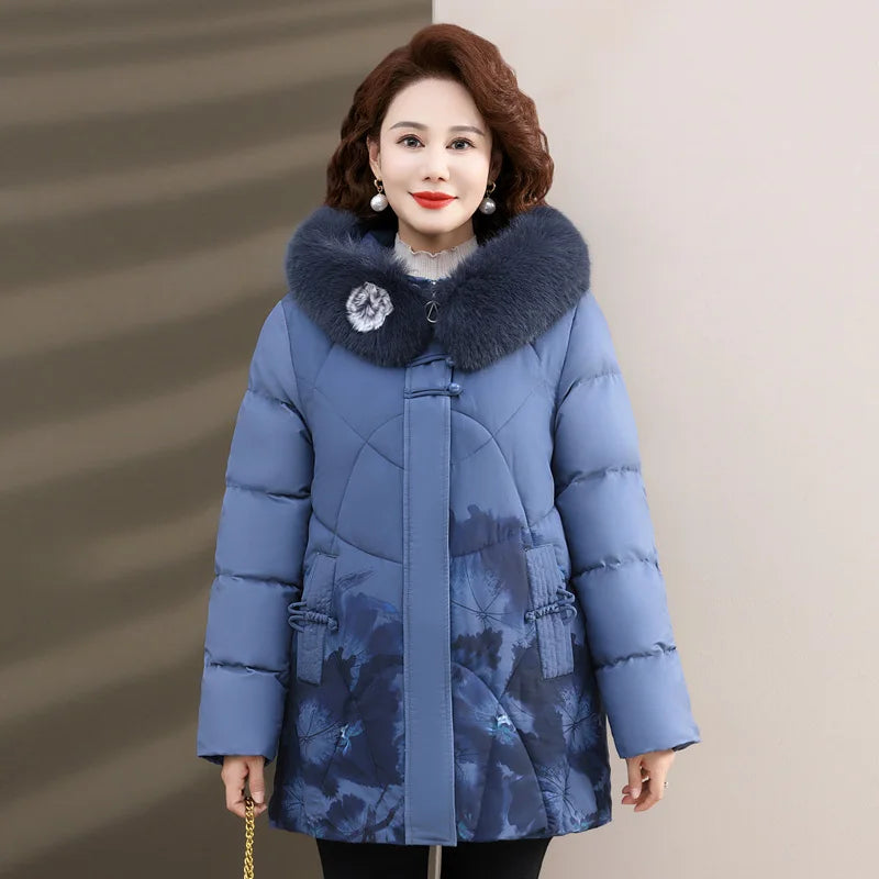 Women's Clothes Middle Aged Women Winter Jacket Long Warm Parkas Female printing Coat Thicken Cotton Padded Hooded Jacket