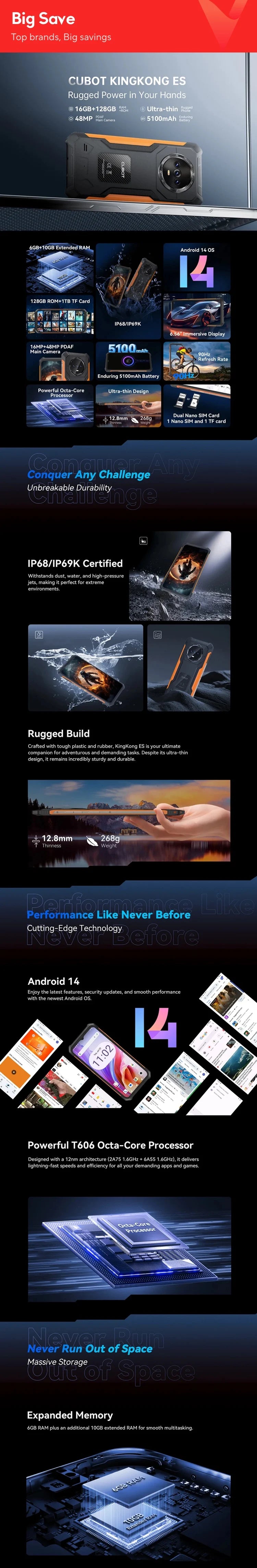 Cubot KingKong ES Ultra-thin Rugged Android Smartphone, 16GB RAM(6GB+10GB), 128GB ROM, 6.56" 90Hz Screen, 48MP Camera, 4G Phone