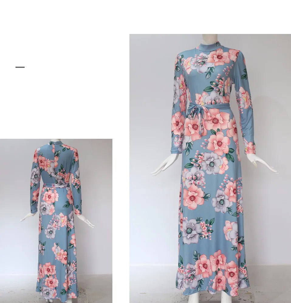 Women Summer Maxi Dress 2025 Casual Long Sleeve Boho Floral Print LOOSE Dress Turtleneck Bandage Elegant Party Dresses Vestidos