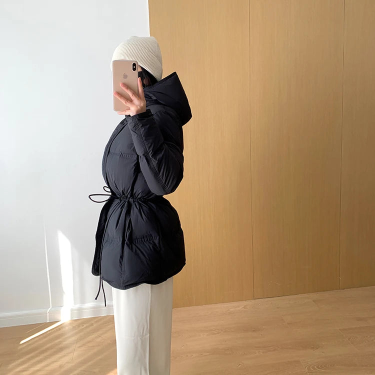 2023 New Autumn Winter Women Fashion Hooded 90% White Duck Down Coat Lady Slim Thick Warm Zipper Drawstring Lace-up Snow Jacket