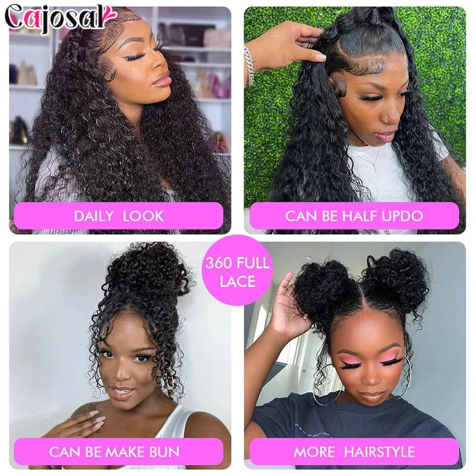 250 Density Invisi Strap 360 Full Lace Frontal Kinky Curly Wig 30 inch Black Human Hair Drawstring Snug Water Wig Preplucked