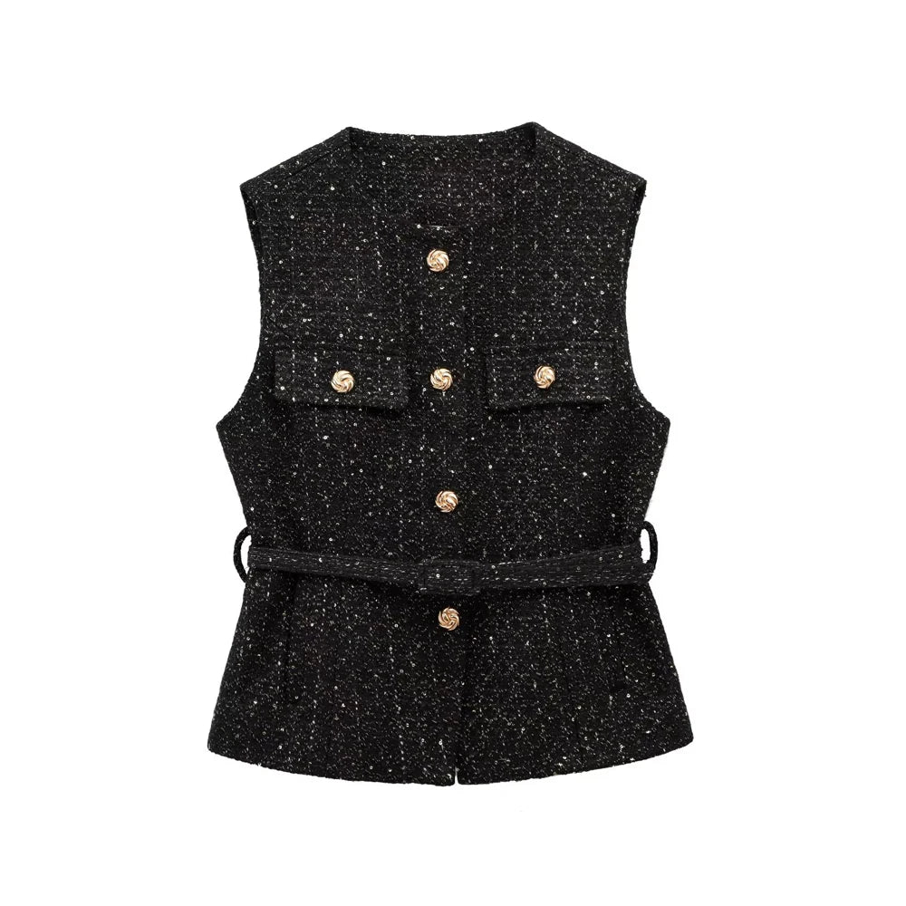 Women's Tweed Waistcoat with Belt, O Neck, Sleeveless, Front Button, Female Outerwear, Chic Tops, Fashion