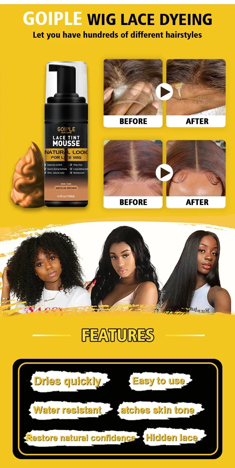 GOIPLE 200ML Lace Tint Mousse for Wig Grids Concealer Waterproof Melt Lace Dye Front Tint Spray Foam Quick Dry Wig Knots Healer