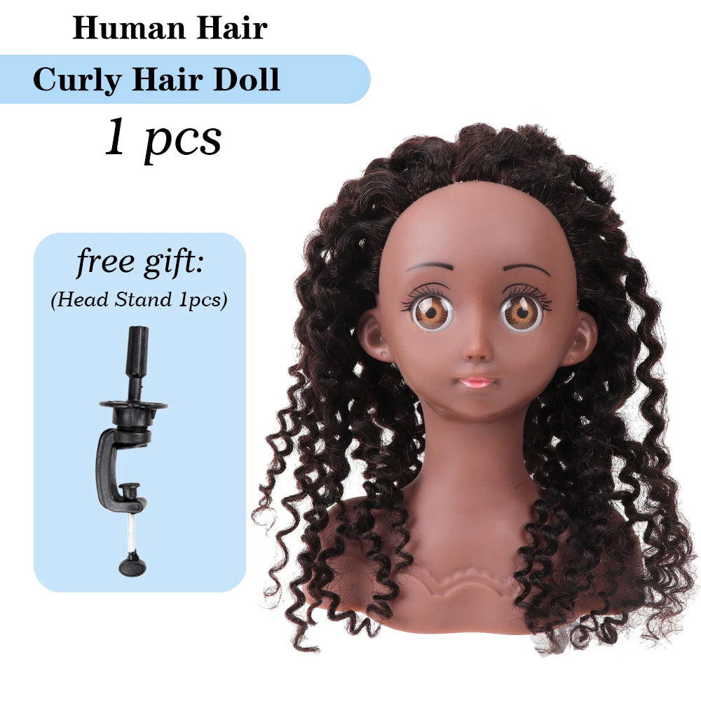 Real Human Hair Mannequin Head With Stand Afro Curly Hair Doll Manikin Head For Black Girls Gifts Practice Hair Styling Head