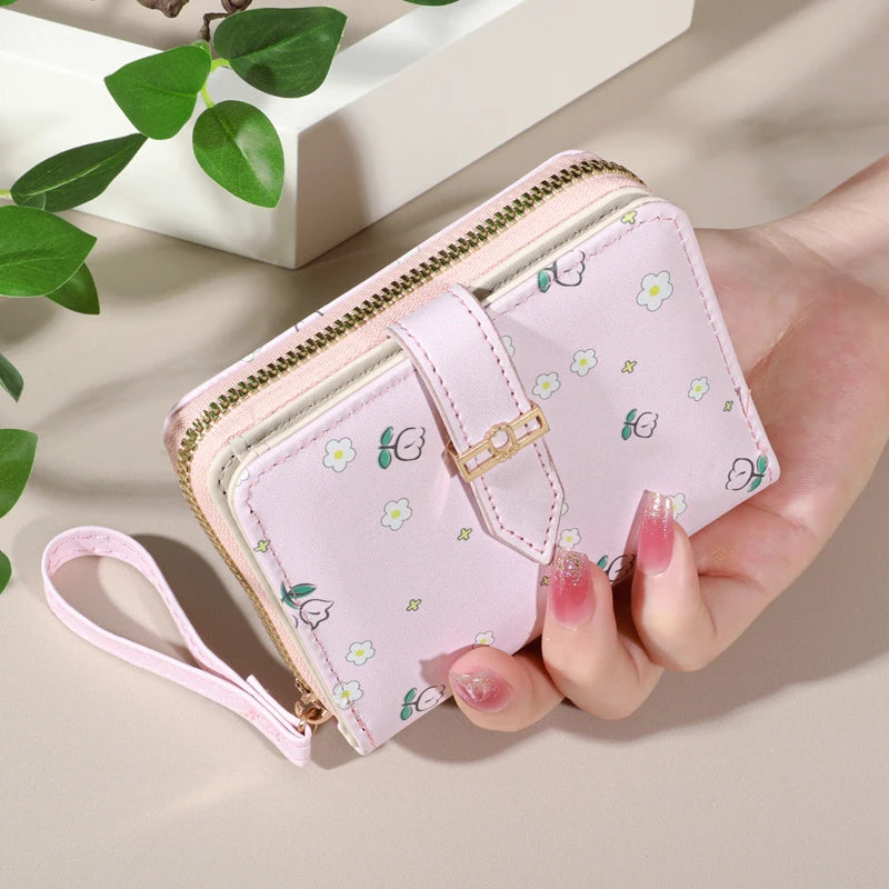 Flower patterned credit card holder for women or men's small card case with zipper hand-held wallet