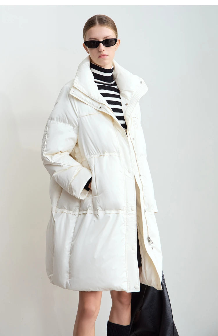 Amii 2024 Winter New Women's Velcro Loose Coat Top Warm Stand-up Collar Letter Embroidered Seal Zipper Down Jacket 12444103