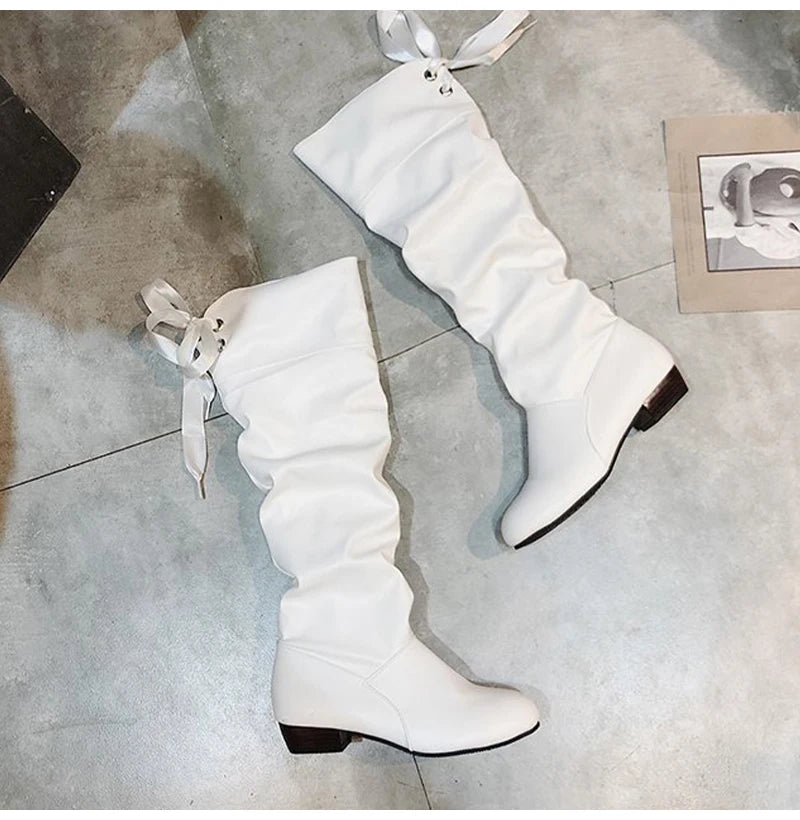 2023Shoes For Women  Knee High Boots Red Black White Tall Boots Woman Pleated Low Heel Casual Leather Female Long Shoes