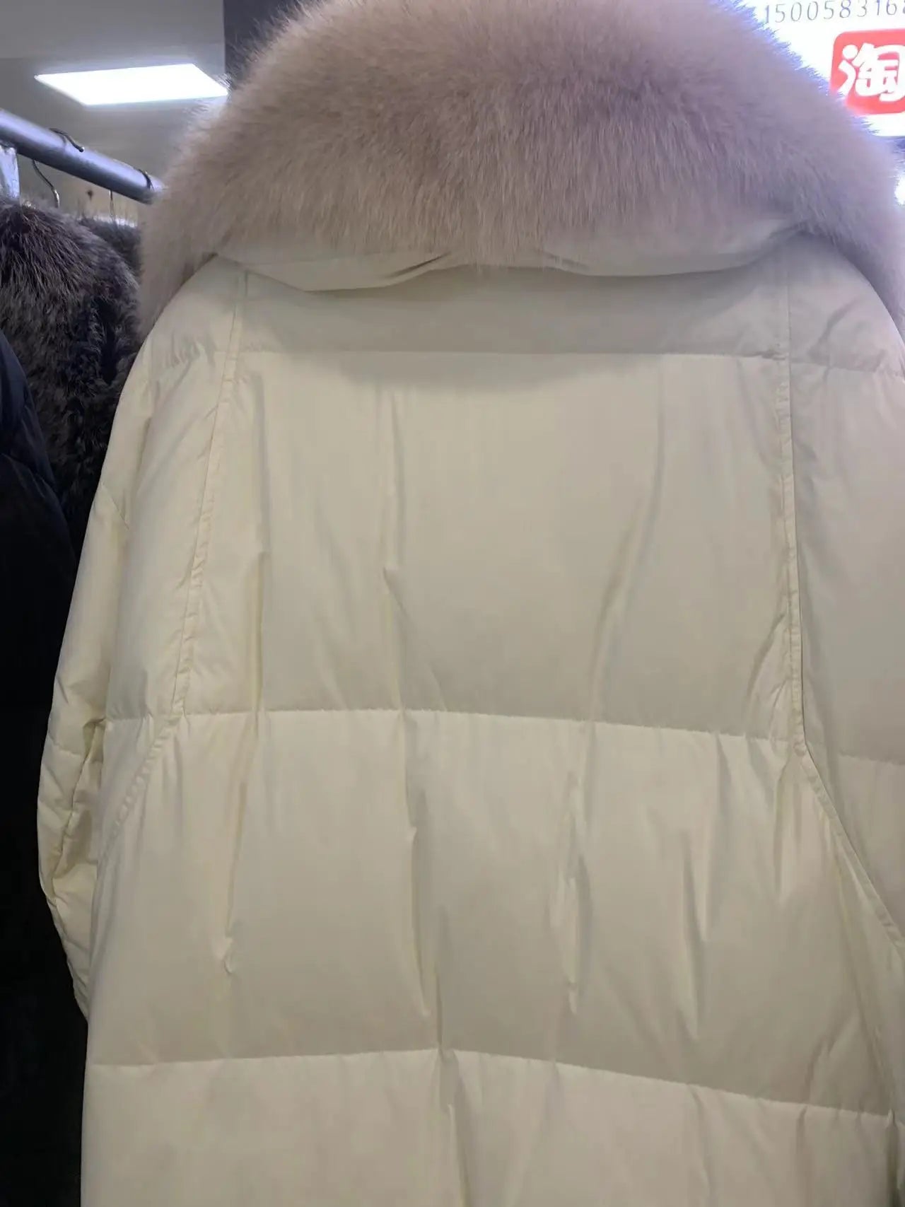 New Winter Coat Women Goose Down Jacket Long Thick Warm Oversized Real Fox Fur Collar Luxury Fashion Outerwear Streetwear