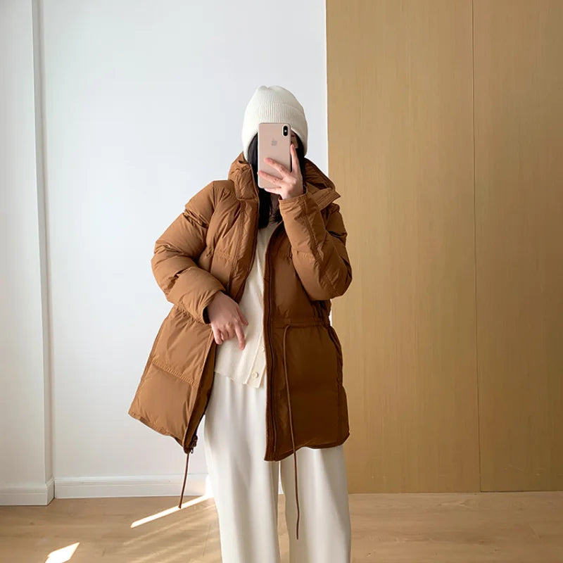 2023 New Autumn Winter Women Fashion Hooded 90% White Duck Down Coat Lady Slim Thick Warm Zipper Drawstring Lace-up Snow Jacket