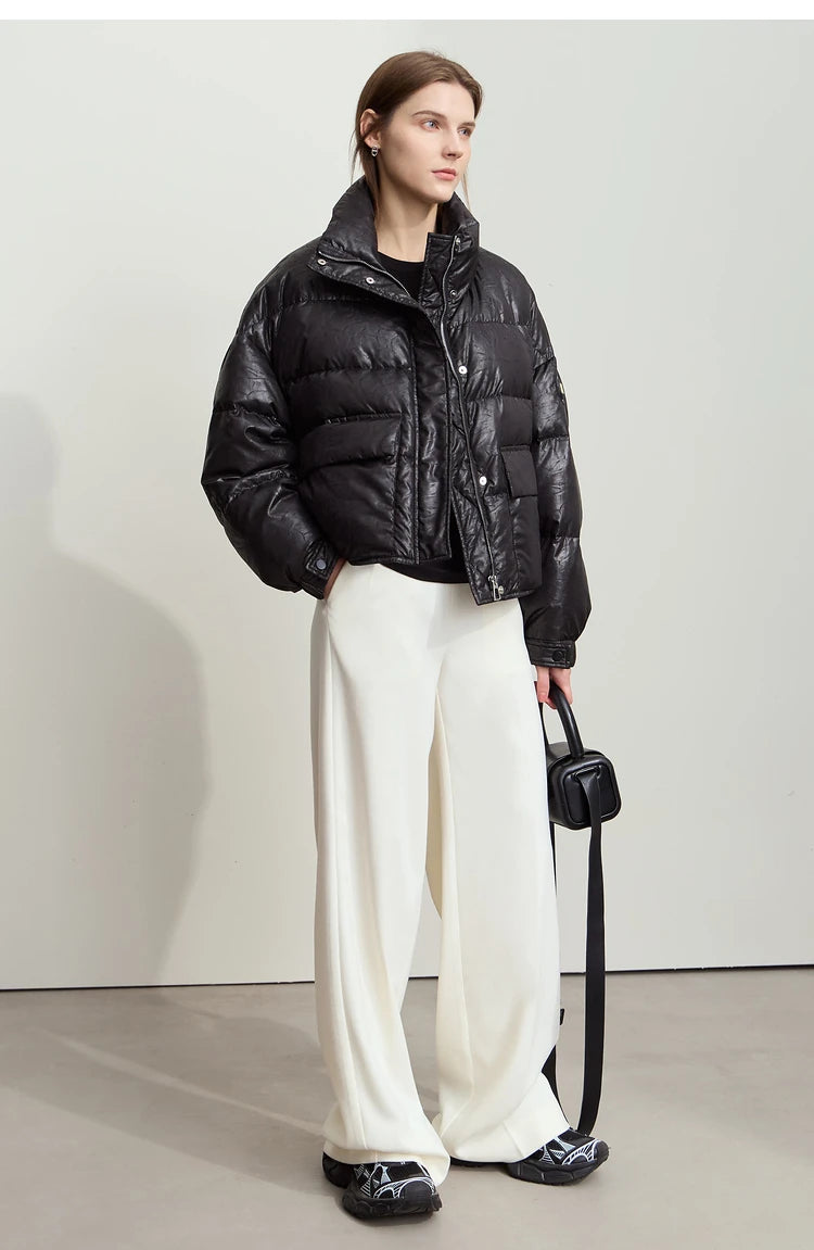 AMII Minimalist Women's Down Coat 2024 Winter Warm Thick Lapel Stand Collar Imitation Leather Duck Down Female Jacket 12444025