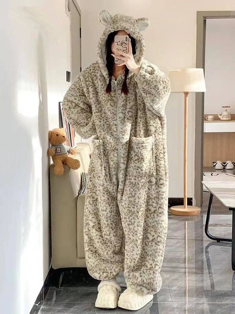 Leopard Hooded Pajamas Animal Kigurumi Unicorn Adult Onesies for Women Winter Sleepwear Flannel Pochets Overall Sets Slippers