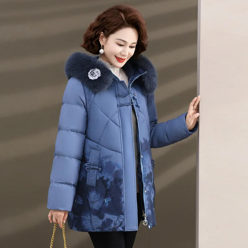 Women's Clothes Middle Aged Women Winter Jacket Long Warm Parkas Female printing Coat Thicken Cotton Padded Hooded Jacket