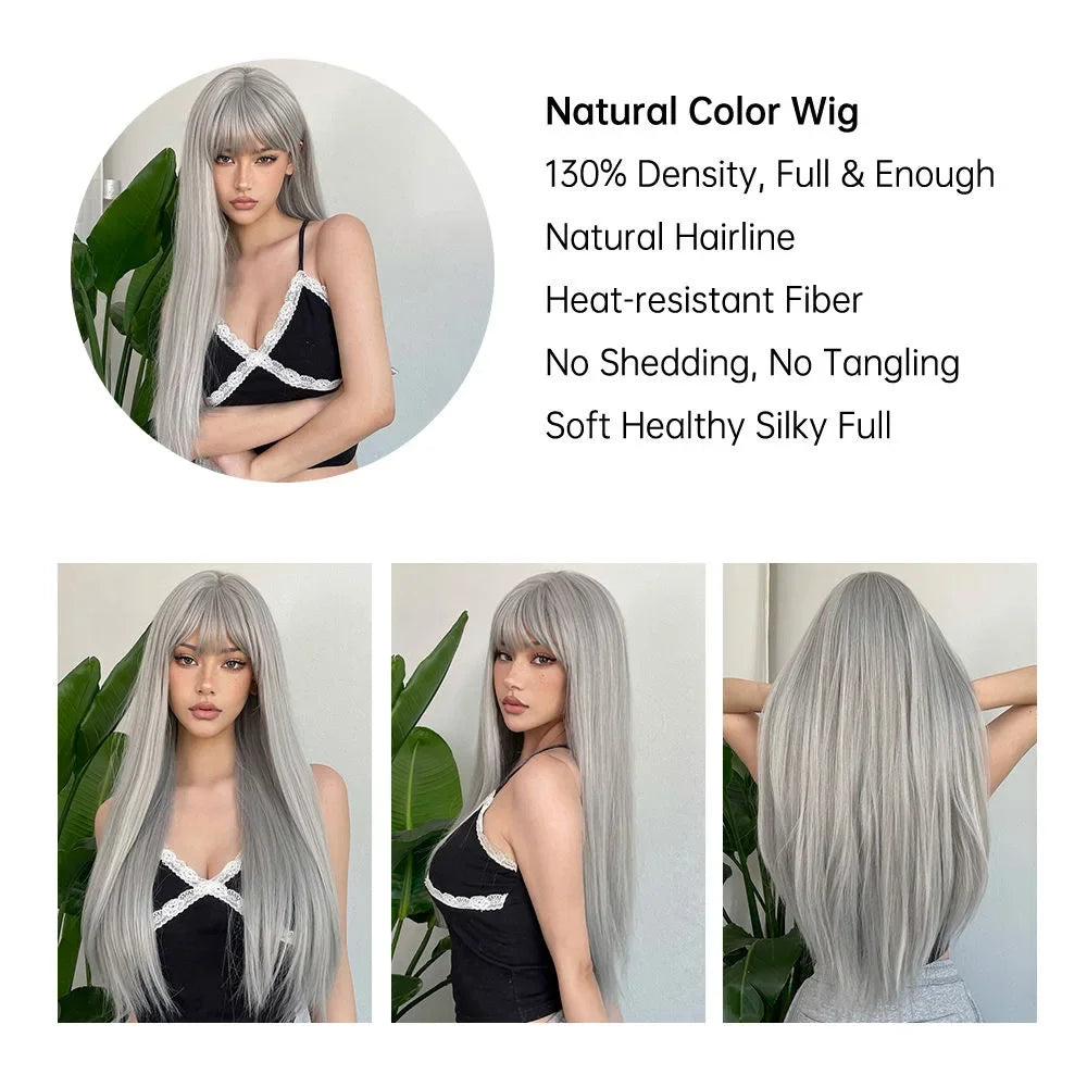 Grandma's Grey Synthetic Wig, Natural Bangs, Long Straight Hair, White Women's Daily Cosplay, Heat-Resistant Full Head Cover