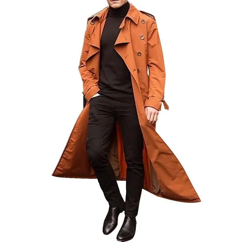 Men's Long Trench Coat Clothing Long Sleeve Loose Autumn Winter Solid Color Button Fashion Coats Trench