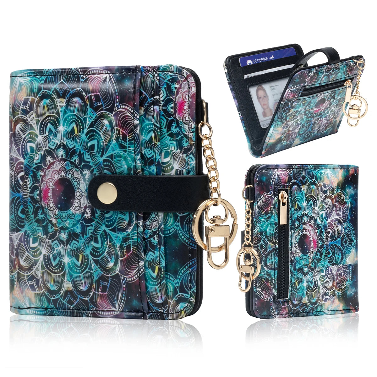 Mandala Flower Pattern Rfid Women's Wallet, Ultra-Thin and Compact Credit Card Wallet with Key Chain, Pu Leather Folding Zipper Coin Bag Id Card Transparent Window, Suitable for Women/Girls/Girls