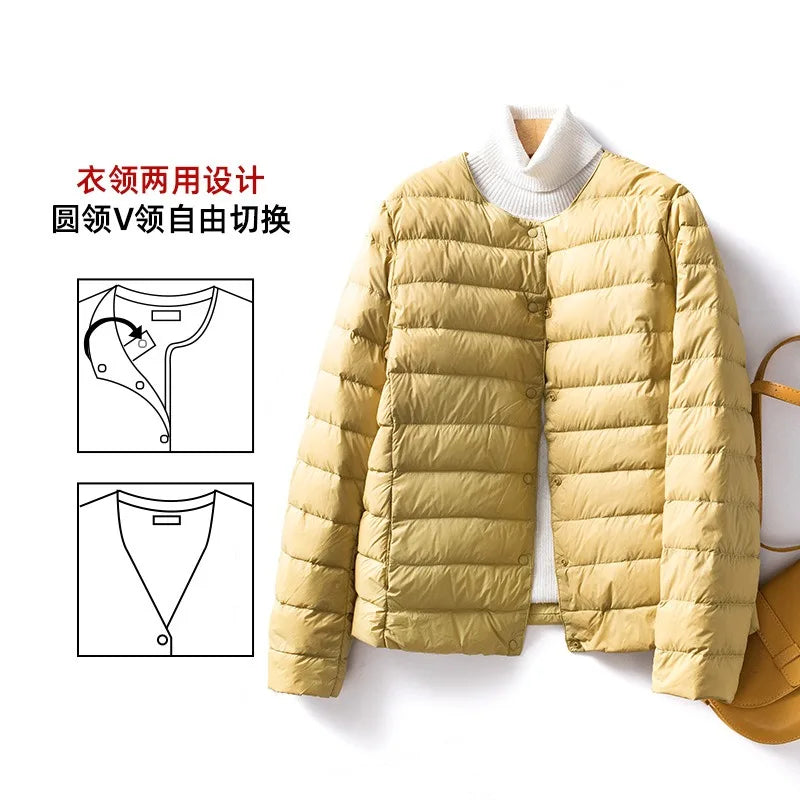 Light Down Coat Women Liner Duck Down Jacket O-neck Variable V-neck New Female Winter Collarless Ultralight Quilted Puffer Coat