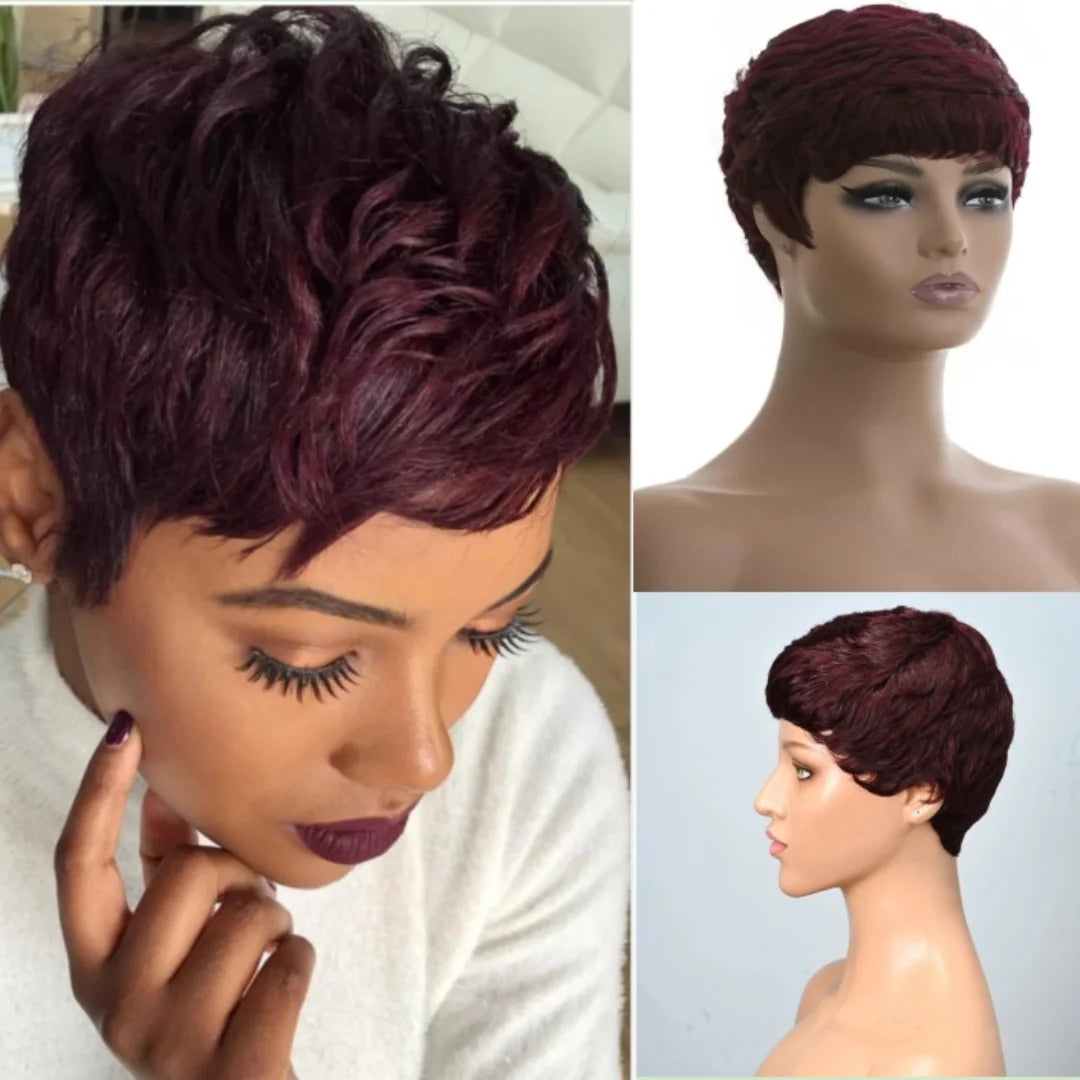 99J Colored Short Straight Bob Pixie Human Hair Wig Full Machine Made For Women Brazilian Remy Hair Burgundy Red Bob Wigs