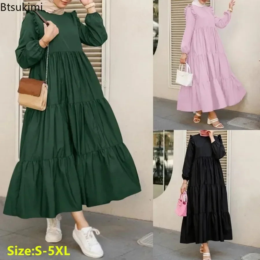 2025 Muslim Maxi Dresses for Women Fashion Vintage O-neck Sundress Dubai Abaya Islamic Kaftan Robe Vestidos Elegantes Para Mujer
