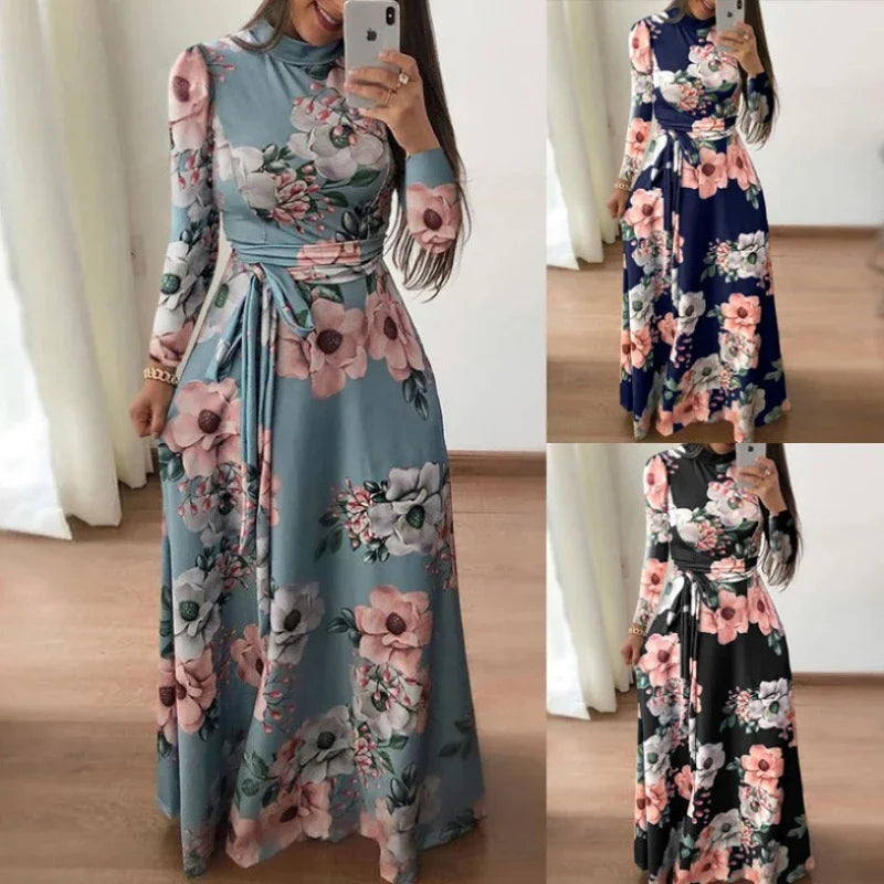Women Summer Maxi Dress 2025 Casual Long Sleeve Boho Floral Print LOOSE Dress Turtleneck Bandage Elegant Party Dresses Vestidos